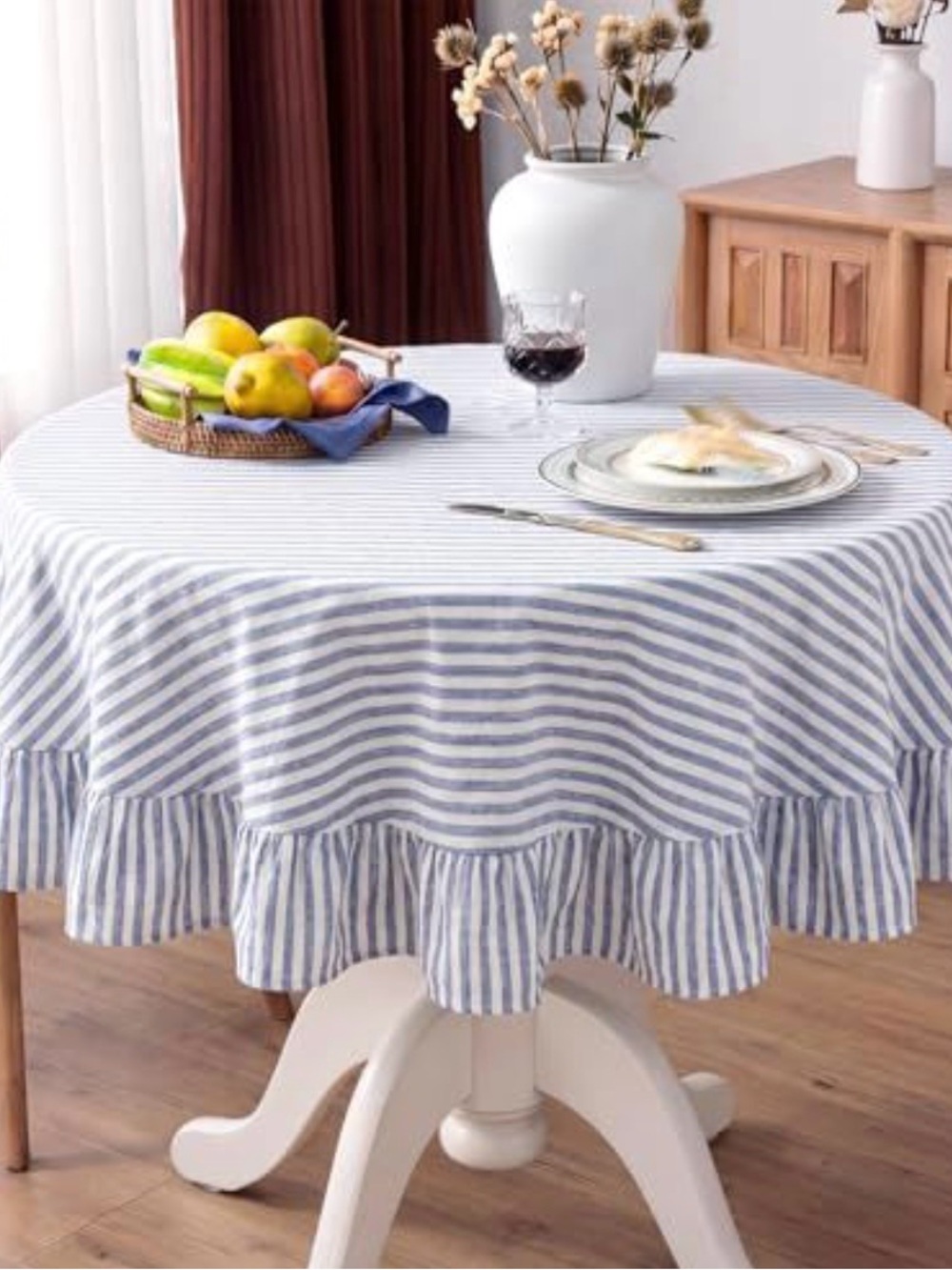 Striped Blue and White Ruffled Tablecloth - Home Dining